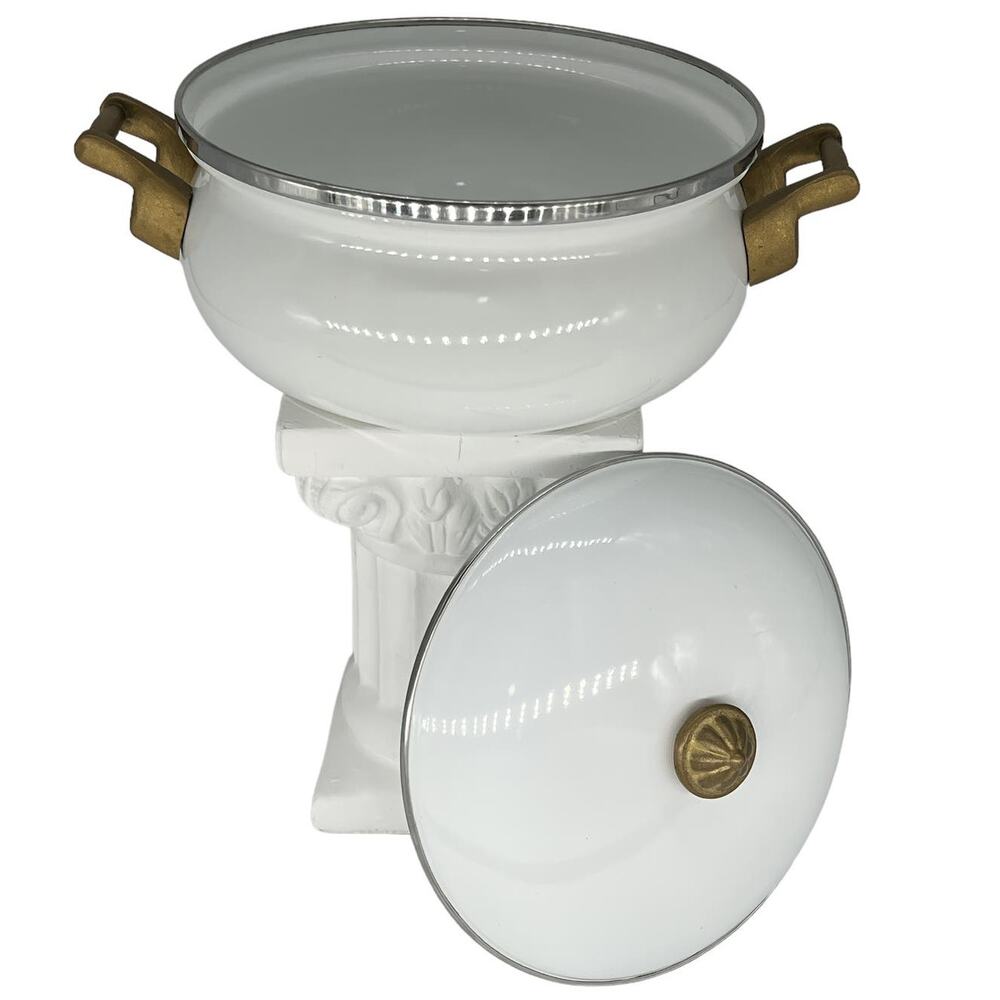 Tivoli Vintage White Enamelware Stock Pot with Lid | Brass Handles Retro Kitchen